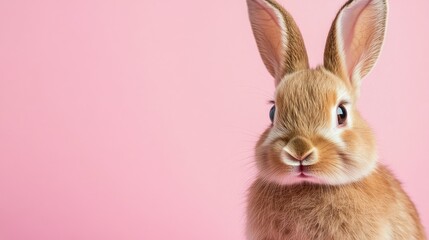 Obraz premium Photo of a little bunny, on a soft pink background Easter theme