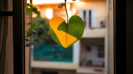 Heart Shaped Leaf Silhouette in Sunlight, Window View