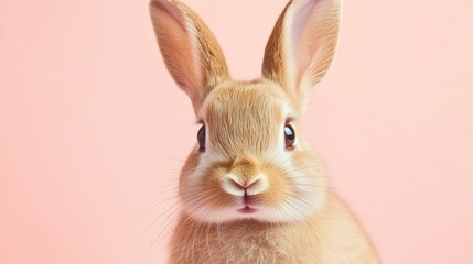 Obraz premium Photo of a little bunny, on a soft pink background Easter theme