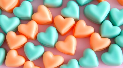 Fototapeta premium Pastel Peach and Mint Heart Shaped Candies Background