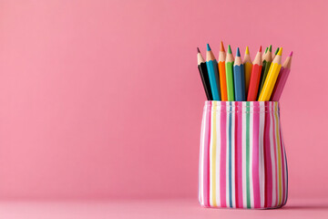 Fototapeta premium kawaii-style pencil case with crayons, pink background, high resolution,