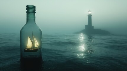Obraz premium Miniature sailboat in a bottle adrift at sea with a distant lighthouse in fog.