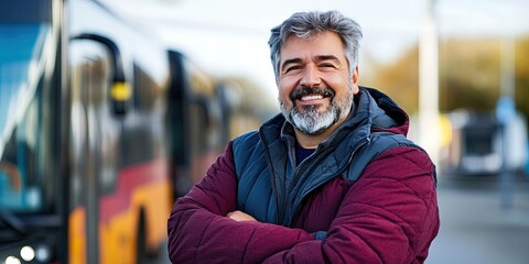 photo of friendly entrepreneur standing in bus depot 