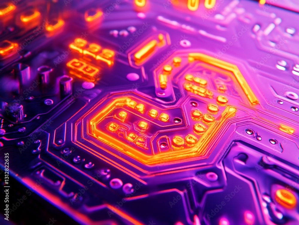 Poster close-up of illuminated circuit board with vibrant orange and purple glow, showcasing intricate path