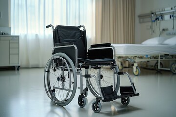 Black wheelchair placed in a bright and serene hospital room setting