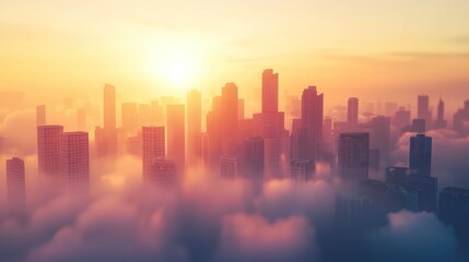 Fototapeta premium Cityscape above clouds at sunset.