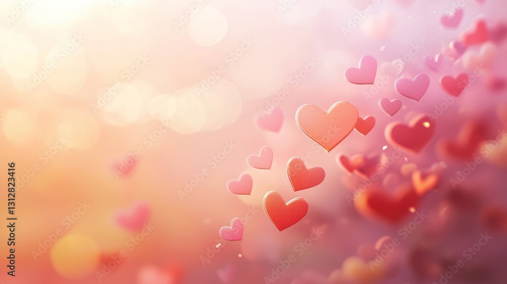 Poster soft pink and orange hearts float on a bokeh background.