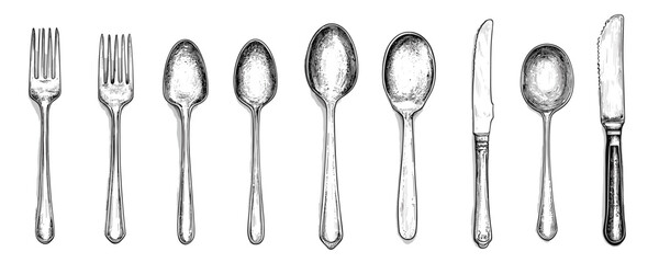 Flat linear icons set of vintage cutlery - forks and spoons vector.