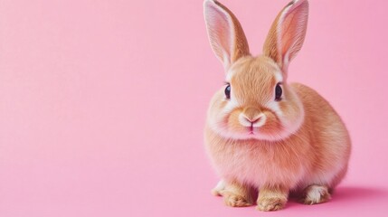 Obraz premium Photo of a little bunny, on a soft pink background Easter theme