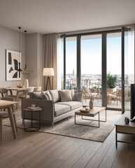 Fototapeta premium Beige minimalist living room in spacious second floor window with city views and modern design aesthetic Interior Design Inspiration