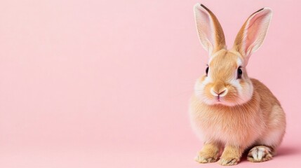 Obraz premium Photo of a little bunny, on a soft pink background Easter theme
