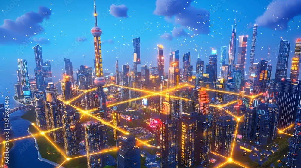 Poster high-tech digital metropolis showcasing networked systems.