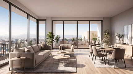 Fototapeta premium Beige minimalist living room in spacious second floor window with city views and modern design aesthetic Interior Design Inspiration