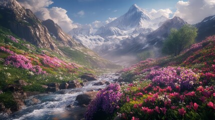 Fototapeta premium A beautiful mountain landscape with a river running through it. The flowers are in full bloom and the sky is clear