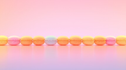 Obraz premium Colorful macarons in a row on pink background.
