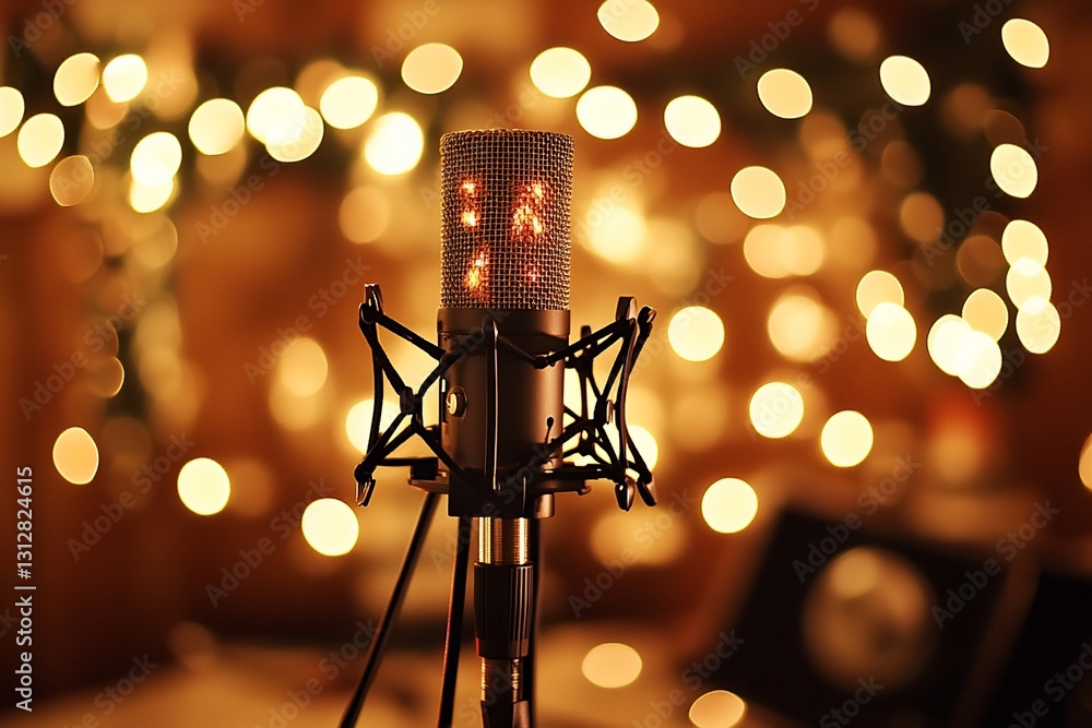 Poster close-up of a microphone with warm bokeh lights in the background.