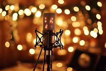 Close-up of a microphone with warm bokeh lights in the background.