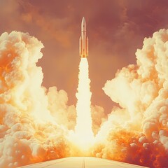Missile rocket launch with fire and smoke trail, cut out on clean metal launchpad, bright daylight, vibrant fire tones, smooth rocket details, and centered composition for a bold and modern aesthetic.