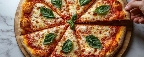 Freshly baked pizza with melting cheese, basil leaves, and hand picking a slice