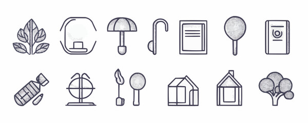 Flat linear icons set of various objects: leaf, umbrella, book, house, tree.
