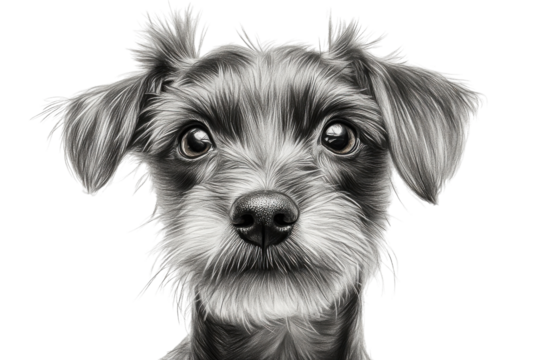 Cute black and white dog portrait with expressive eyes captured in detailed pencil drawing during daylight
