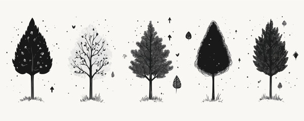 Linear black and white tree icons set in flat style: vector illustration.