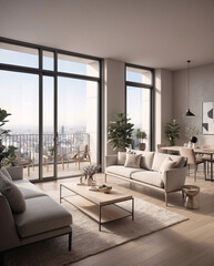 Fototapeta premium Beige minimalist living room in spacious second floor window with city views and modern design aesthetic Interior Design Inspiration