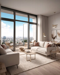 Beige minimalist living room in spacious second floor window with city views and modern design aesthetic Interior Design Inspiration
