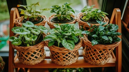 Plants in wicker pots on a wooden shelf by a window