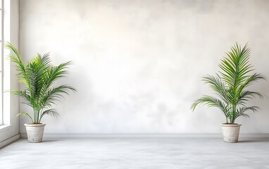 Fototapeta premium Minimalist Room Interior Design with Two Palm Plants in Pots