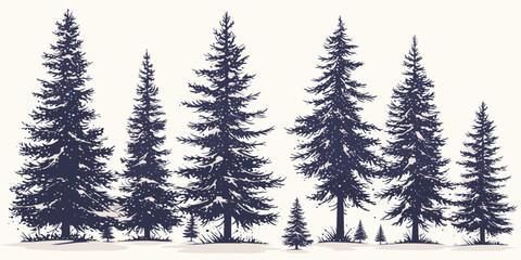 Flat evergreen trees icons set in linear style - vector forest design.