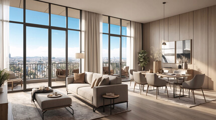 Beige minimalist living room in spacious second floor window with city views and modern design aesthetic Interior Design Inspiration