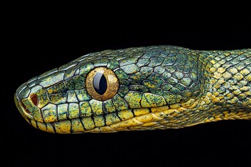 Fototapeta premium Close-up of a vibrant green snake's head against a black background, showcasing intricate scales and a captivating eye.