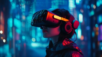 A woman wearing a virtual reality headset is standing in front of a cityscape. Concept of excitement and adventure, as the woman is about to embark on a virtual journey through the city