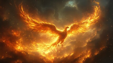 Obraz premium A fiery bird is flying through a sky filled with smoke and fire. Concept of danger and chaos, as the bird's wings are ablaze with flames. The scene is both beautiful and terrifying