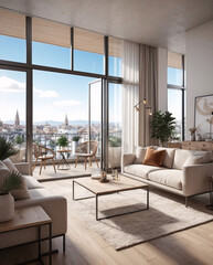 Beige Modern minimalist living room in spacious second floor window with city views and design aesthetic Interior Design Inspiration