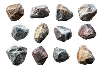 Different types of natural rocks in varying shapes and colors arranged in a grid layout on a white background