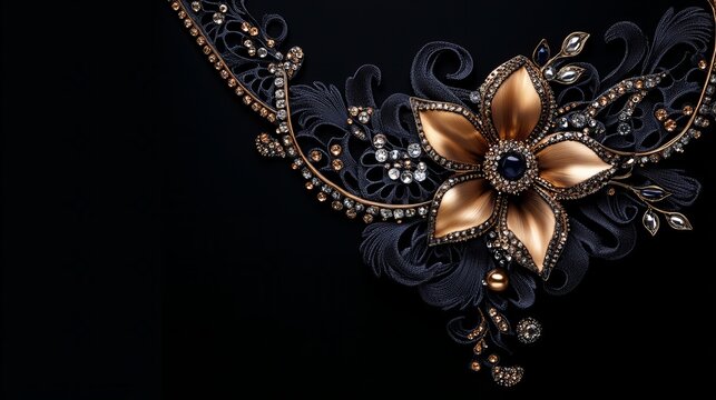 Elegant gold and black jeweled necklace.  Dark background accentuates the sparkle.