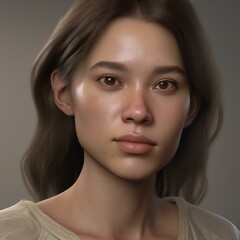Fototapeta premium A highly detailed, hyper-realistic close-up portrait of an AI-generated human face. This digital artwork features lifelike skin textures, expressive eyes, and natural lighting.