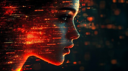 A digital face emerges from an abstract field of data particles