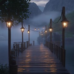 Obraz premium Rustic fishing dock illuminated by lanterns, soft glowing light reflecting off calm water, surrounded by misty hills, ultra-detailed, photorealistic and tranquil