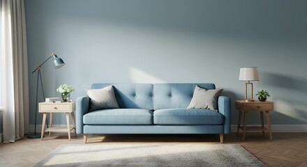 Comfortable Blue Sofa in Bright Living Room with Natural Light