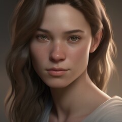 Fototapeta premium A highly detailed, hyper-realistic close-up portrait of an AI-generated human face. This digital artwork features lifelike skin textures, expressive eyes, and natural lighting.