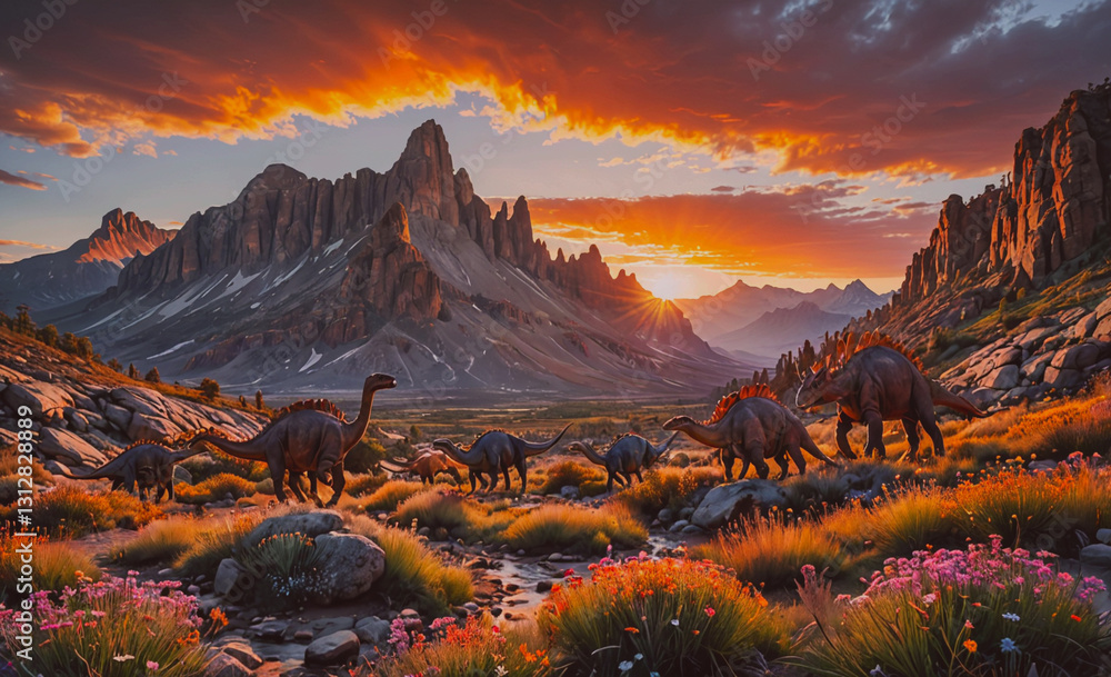 Poster group of dinosaurs are walking through a field with mountains in the background. the sky is orange a