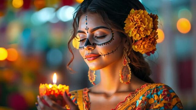 Day of the Dead Reflection: A woman adorned with intricate sugar skull makeup and vibrant attire, holding a lit candle and immersed in contemplative reflection.