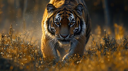 Majestic Tiger Strolls Through Golden Forest