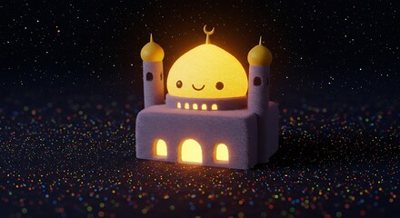 Glowing Mosque Building with Smiling Face Against Starry Night Backdrop