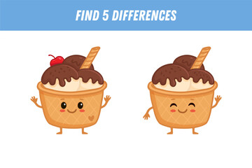 Find 5 differences between two pictures of cute ice cream. Cartoon character in flat style. Educational logical game for children. Vector illustration
