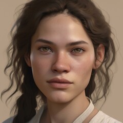 Fototapeta premium A highly detailed, hyper-realistic close-up portrait of an AI-generated human face. This digital artwork features lifelike skin textures, expressive eyes, and natural lighting.