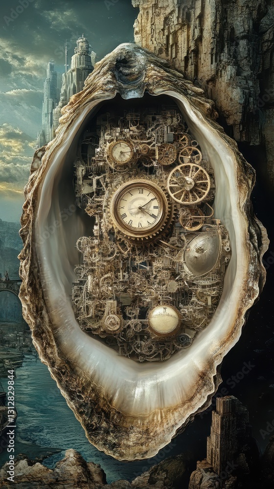 Poster an open shell reveals internal clockwork mechanisms and cityscape